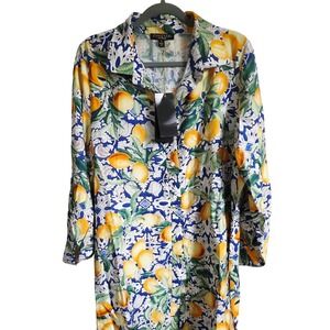 Park & Main Lemon Print Long Sleeve Tunic Top Collared Shirt  2X NWT‎